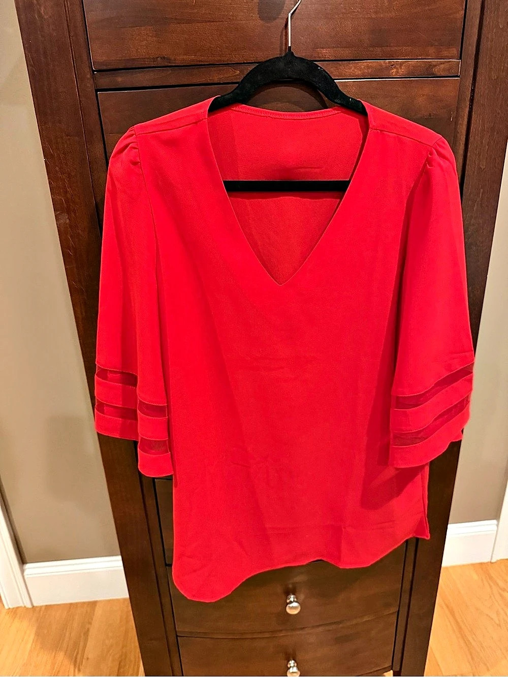 Red V-Neck Blouse - festive/holiday